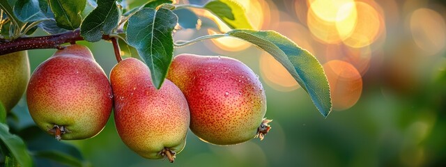 Wall Mural - beautiful ripe pears on a branch. Selective focus