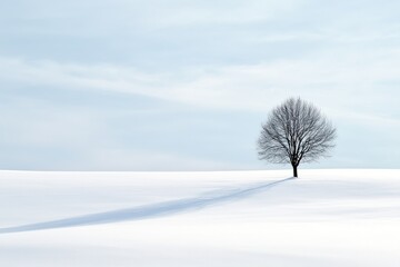 Wall Mural - A Single Bare Tree Stands Tall in a Snowy Field Under a Pale Blue Sky