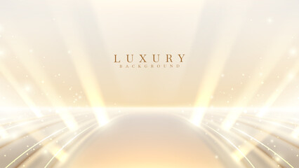 Wall Mural - luxurious golden background featuring light beams and sparkling particles with bokeh effects, ideal 