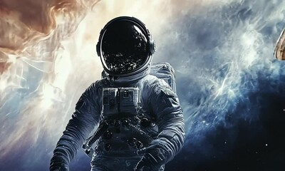 Wall Mural - Astronaut floating in space with cosmic background with ai generated.

