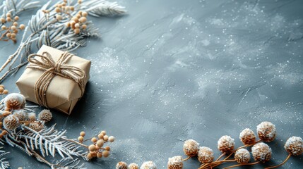 natural gift box, blue background, buds and branches, winter 