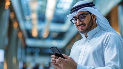 Poster - A man wearing a white shirt and a white hat is looking at his cell phone