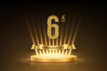 sixth anniversary gold award podium. 6 year celebration birthday or jubilee golden vector background