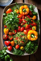 Wall Mural - colorful plant based dish arranged rustic wooden table surrounded fresh vegetables herbs, bowl, chef, cuisine, decor, dining, food, garden, garnish, gourmet