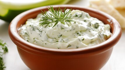 bowl of sour cream or greek yogurt tzatziki sauce isolated on white background