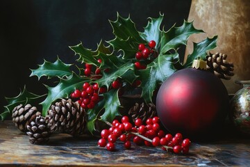 Sticker - Red Christmas Ornament with Holly, Berries, and Pine Cones