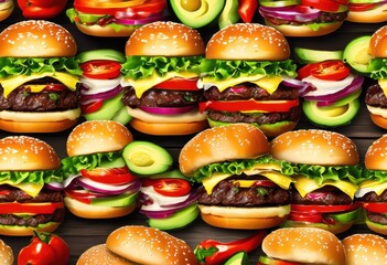 Wall Mural - vibrant lively burger compilation showcasing medley colorful toppings including fresh sauces cheese appetizing look, vegetables, lettuce, tomato, onion