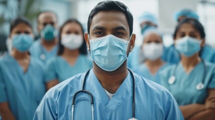 Wall Mural - A group of doctors wearing blue scrubs and masks