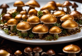 Wall Mural - mesmerizing close showcasing intricate textures glistening detail mushrooms clean plate, food, cooking, gourmet, vegetable, garnish, shine, freshness