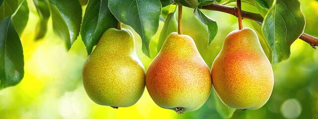 Sticker - beautiful ripe pears on a branch. Selective focus