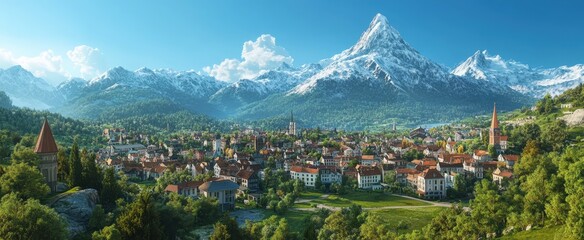 Poster - Picturesque alpine town with snow-capped mountains