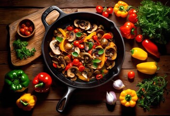 Wall Mural - guide cooking colorful delicious mushrooms vibrant skillet creating visually appealing meal experience, food, dish, heat, oil, flavor, seasoning, fresh