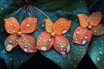 Canvas Print - Three Orange Flowers with Water Droplets on a Green Leaf