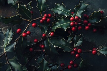 Canvas Print - A close-up of holly leaves and bright red berries