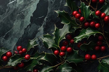 Canvas Print - Red Berries and Green Holly Leaves on a Dark Slate Background