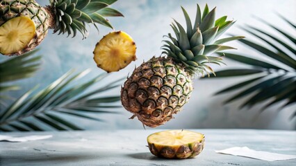 Wall Mural - Pineapple with half slices falling or floating in the air with green leaves isolated on background, Fresh organic fruit with high vitamins and minerals.