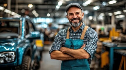 Canvas Print - Smiling car mechanic working in a car, smiling face.