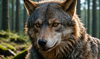 Wall Mural - a wolf with piercing yellow eyes stares intently at the camera in a forest setting