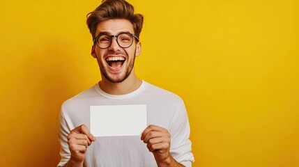 Happy young man holding a tcket gift, isolated on yellow background.