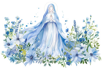 Serene Woman in Blue Gown Surrounded by Flowers, Stylized Virgin Mary in Heaven 