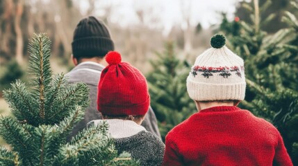 A father and his kids explore a Christmas tree farm, happily selecting the perfect tree while wearing warm winter hats