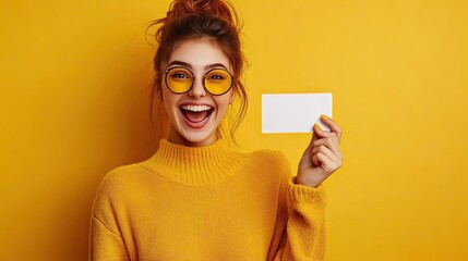 Sticker - Happy young woman holding a ticket or gift voucher, copy space.