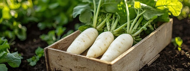 Canvas Print - white radish in a box. Selective focus