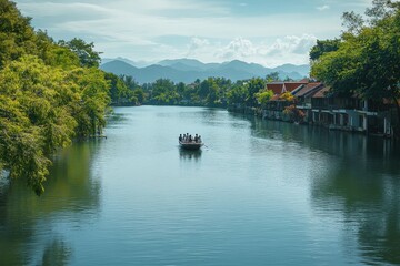 Poster - scenic view of a river surrounded by mountains and buildings