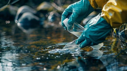 Poster - A person in a yellow raincoat is holding a plastic bottle in a body of water