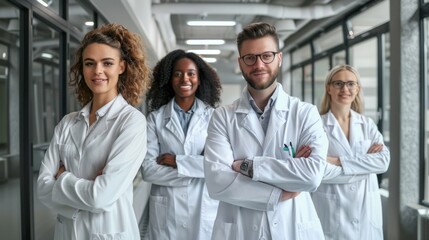 Poster - A group of doctors stand together in a hallway, all wearing white coats