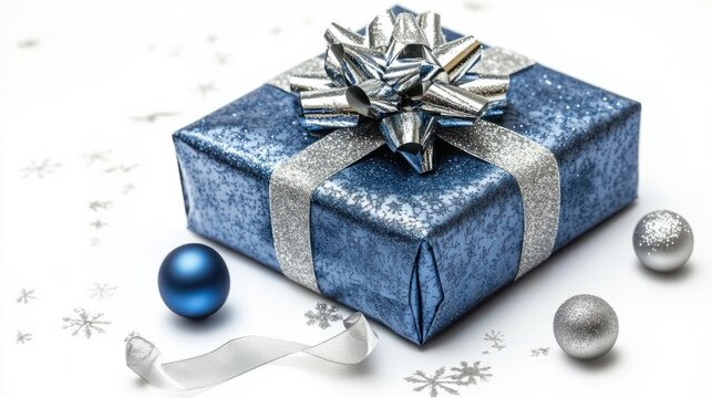 Elegant blue New Year present wrapped in metallic paper with a silver ribbon, isolated on a white background, perfectly tied bow.