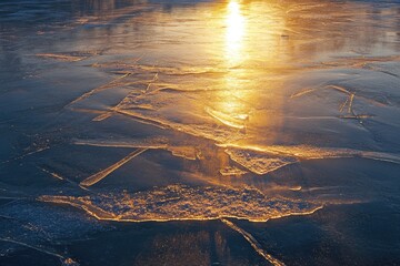 Poster - Golden Sunlight Reflecting on Cracked Ice Surface