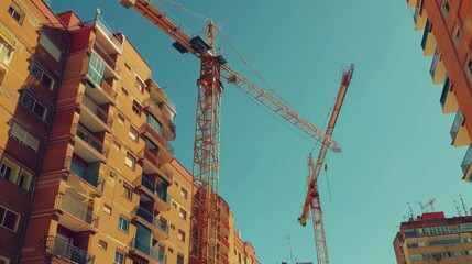 Poster - Two cranes are in the sky above a city