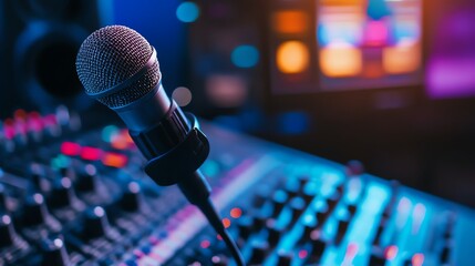 A professional microphone in a recording studio with colorful lights.