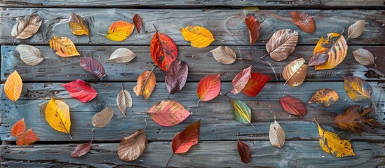 Wall Mural - Dry Colored Leaves On Old Wooden Background Close Up