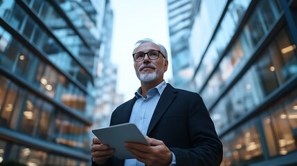 Wall Mural - A mature businessman holding a tablet, standing confidently in front of a towering office complex.