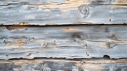 Canvas Print - Close-up of weathered and peeling gray wooden planks with knots and cracks.