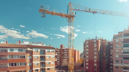 Poster - A crane is in the middle of a city with many buildings