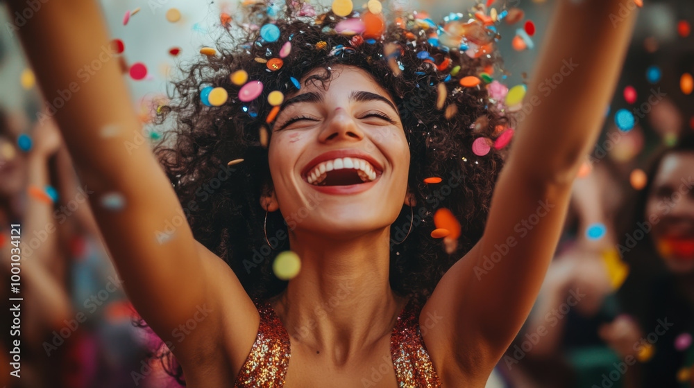 A joyful celebration with colorful confetti falling around a smiling ...