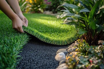 lush green garden path with rocks and plants