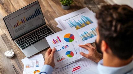 Poster - A business executive analyzing a printed report with various graphs and charts, seated at a desk with a laptop and financial documents scattered around.