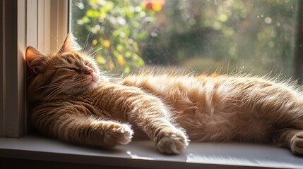 A chubby cat lounging lazily on a sunny windowsill, its fur glistening in the warm light while gazing outside at the garden