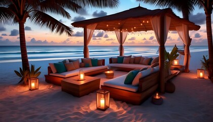 Serene beachside lounge adorned with twinkling lights, inviting relaxation while soaking in a breathtaking sunset