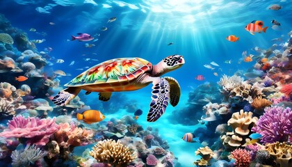 Wall Mural - Enchanting underwater scene of a sea turtle gliding through a vibrant coral reef teeming with colorful fish and diverse marine life.