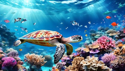 Wall Mural - Enchanting underwater scene of a sea turtle gliding through a vibrant coral reef teeming with colorful fish and diverse marine life.