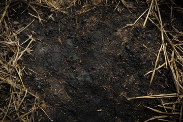 close-up of dark soil with straw