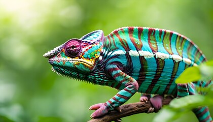 Wall Mural - Colorful chameleon perched on branch amidst vibrant greenery in a lush forest setting