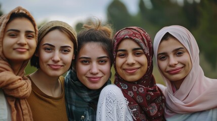 Young women from various ethnic backgrounds, standing closely and smiling warmly