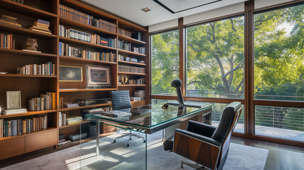 Aufkleber - sleek modern home office with clean lines, glass desk, ergonomic chair, and large bookshelves, frame