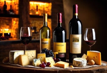 colorful wine bottles paired assorted cheeses displaying feast senses, variety, pairing, gourmet, artisan, selection, vibrant, flavors, texture, taste